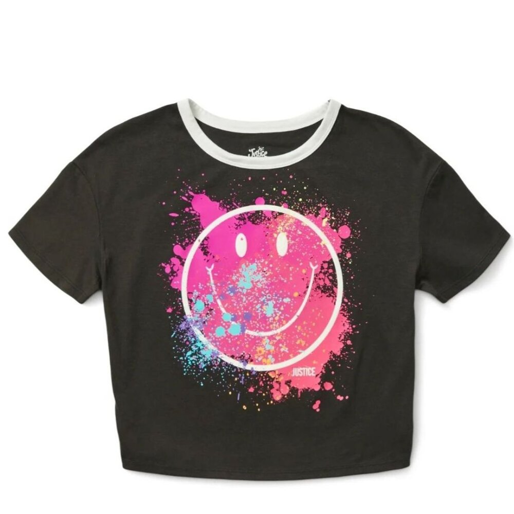 Justice Girls Size M 10 Black Pink Smiley Face Graphic Tee Split Hem NWT